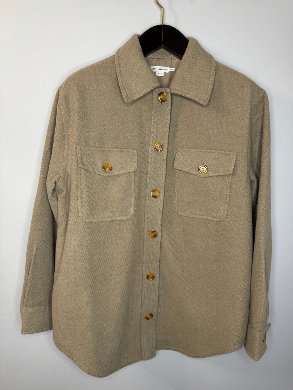 Good American The Fleece Shacket Jacket Beige Brown Oversized Pockets M/L New